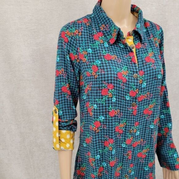 Matilda Jane Dark Teal Blsck Gingham and Floral Button Up Shirt Midi Dress - Picture 5 of 13